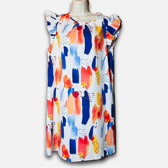 Abstract Paint Brush Print Ruffle Sleeve A-Line Tunic Dress – Lightweight - Picture 2 of 8